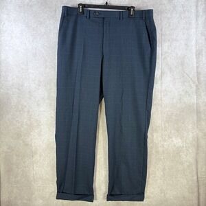 Chaps Dress Pants Men 36x34‎ Blue Windowpane Check Flat Front Cuffed Business